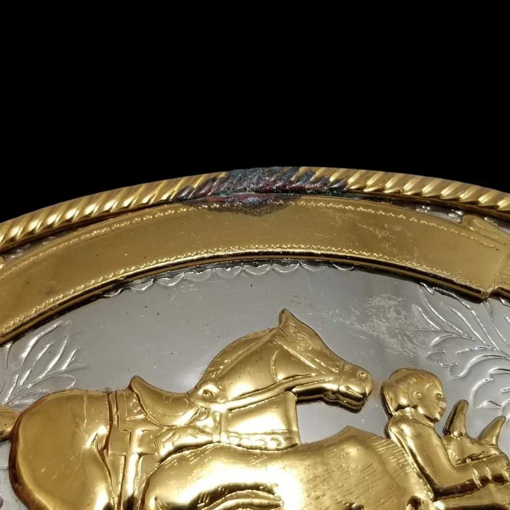 Vintage Belt Buckle Steer Wrestling German‎ Silver Gold Rodeo Western Oval